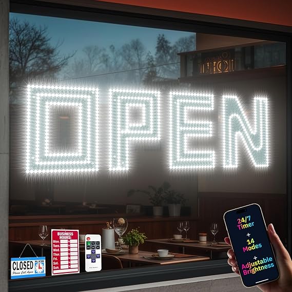 40" x 14" Large LED Open Sign for Businesses – Bluetooth App, Remote & Timer Control, 